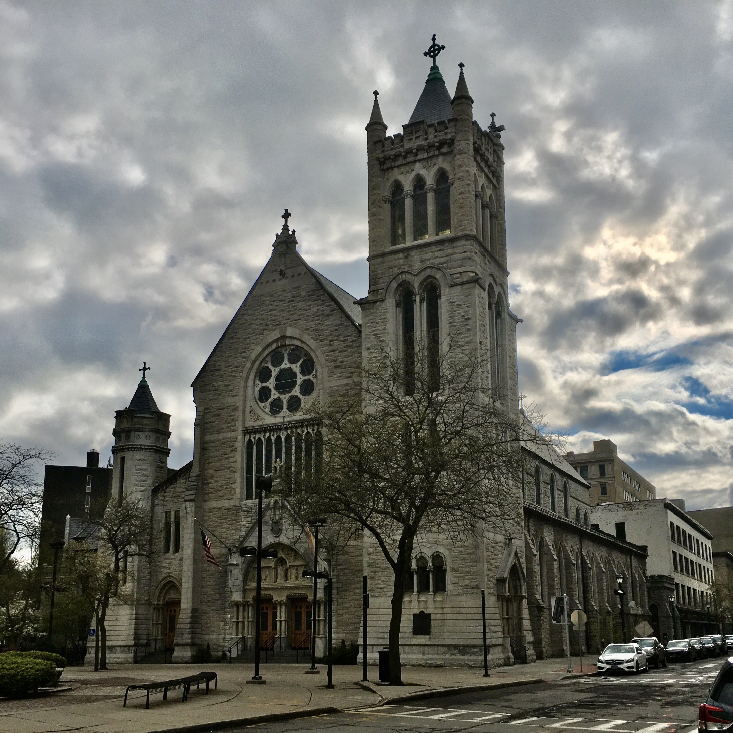 Interior of Cathedral of the Immaculate Conception Syracuse NY – grand gothic arches and stained glass