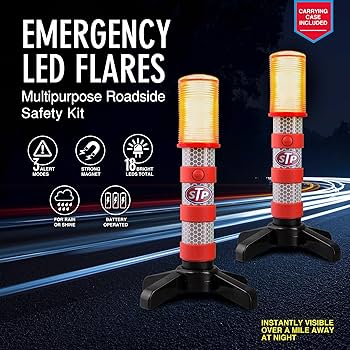Emergency LED roadside beacons and high visibility safety flares